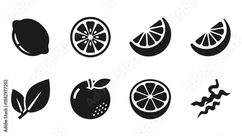 Citrus silhouette icons: lemon, orange, leaves, and zest in black