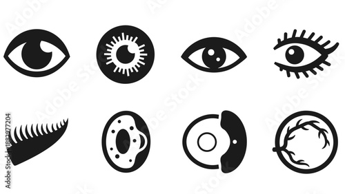 Eye and contact lens icons set in black silhouette style