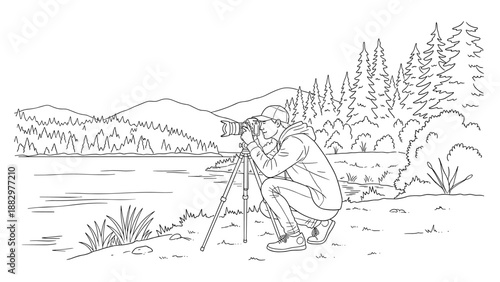 Photographer capturing scenic landscape with mountains and lake in black and white line art