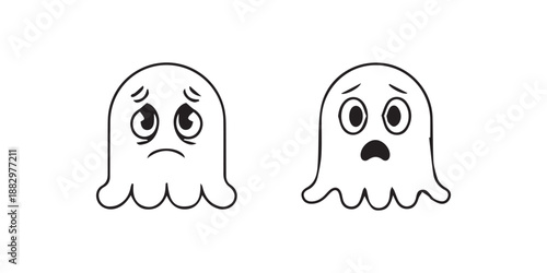 A funny black and white cartoon vector illustration of a cute cat monster head with a skull mask smile and big eyes for a Halloween character design icon