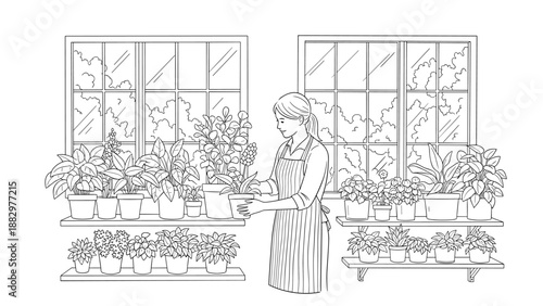 Woman tending to indoor plants in a linear style greenhouse scene
