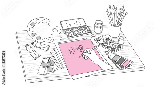 Creative workspace with art supplies and tools in linear style