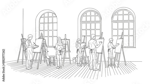 Group of artists sketching on canvases in a spacious art studio with arched windows
