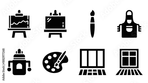 Art studio icons set: easel, brush, apron, palette, robot, window designs