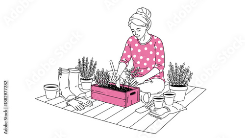 Woman gardening indoors with potted plants in black and white line art