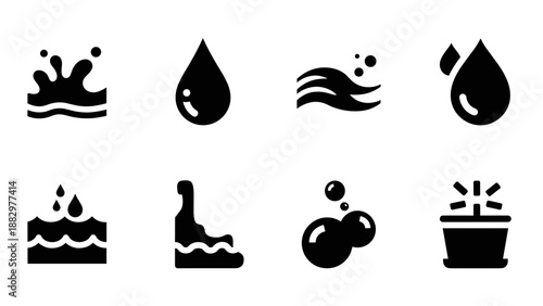 Set of eight minimalist water and splash icons in black silhouette style
