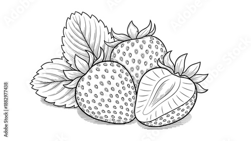 Detailed black and white strawberry sketch featuring leaves and halved fruit