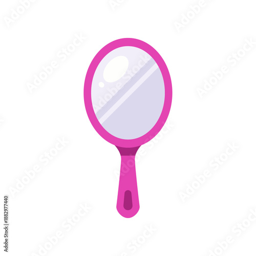 Barbiecore handheld oval mirror with pink handle and reflection, colorful vector flat style illustration