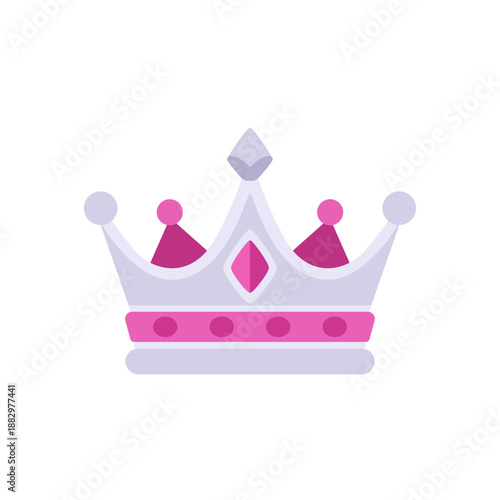 Barbiecore silver crown with pink jewels and gemstone, colorful vector flat style illustration