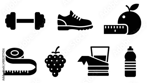 Fitness and nutrition icons set: simple black silhouette for wellness and health concepts
