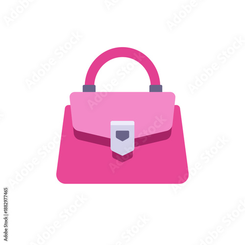 Barbiecore pink handbag purse with strap and clasp icon, colorful vector flat style illustration
