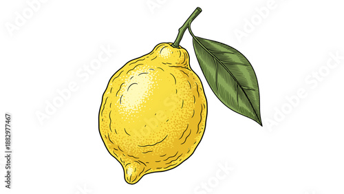 Hand-drawn lemon with leaf on white background for fresh citrus designs