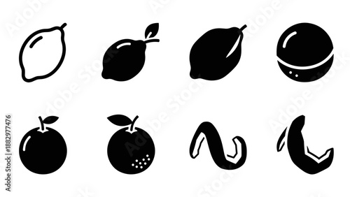 Flat icon set of lemons and oranges with peels in bold silhouette style