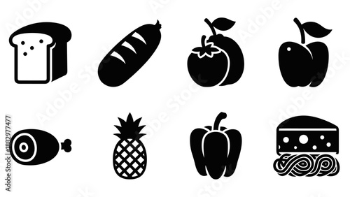 Silhouette icons of bread, fruits, meat, and cheese for food graphics