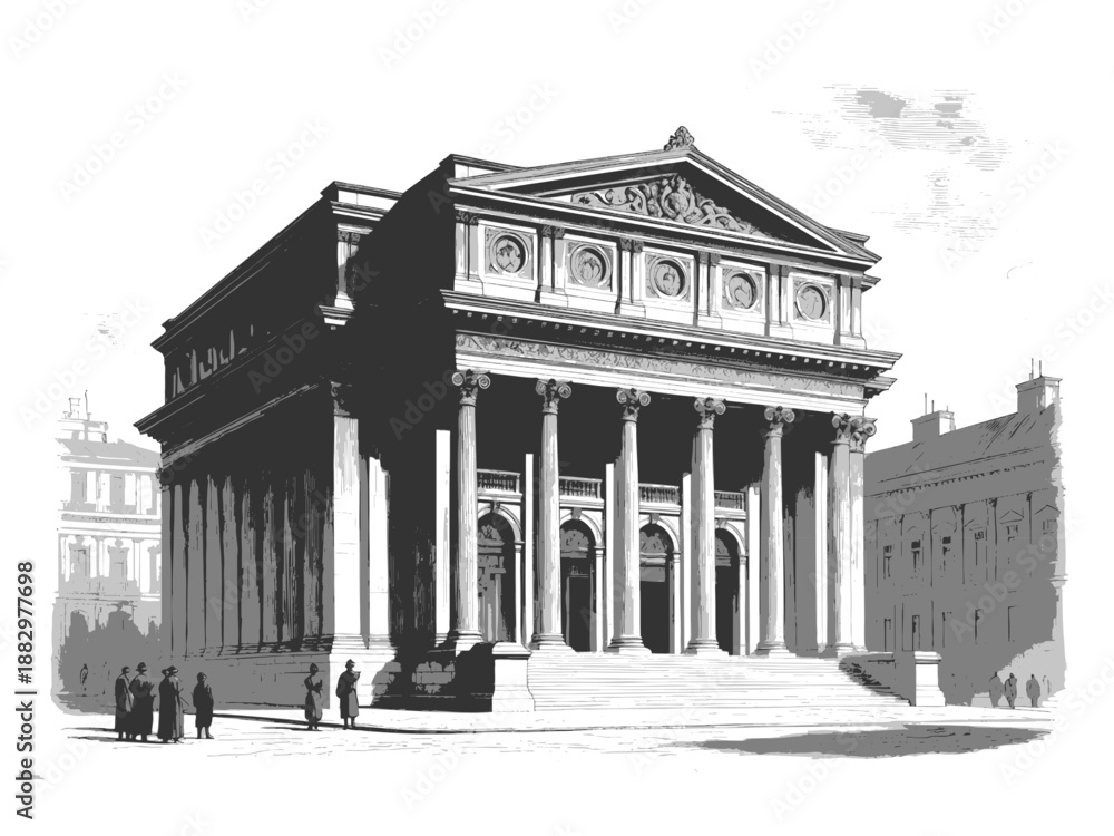 Fototapeta premium majestic neoclassical structure featuring large columns, ornate pediment, and surrounding figures sketch engraving generative ai fictional character vector illustration. Scratch board. Black and white
