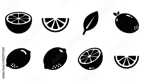 Lemon and lime silhouettes with leaves in minimalist black and white