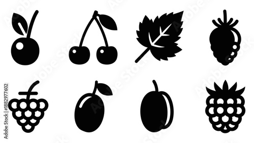 Silhouette collection of fruits and leaves in bold black icons