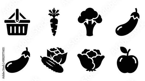 Black silhouette icons of vegetables and fruit including carrot, broccoli, and eggplant