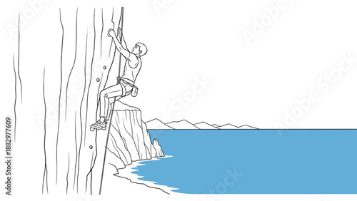 Adventure enthusiast rock climbing coastal cliff in linear style