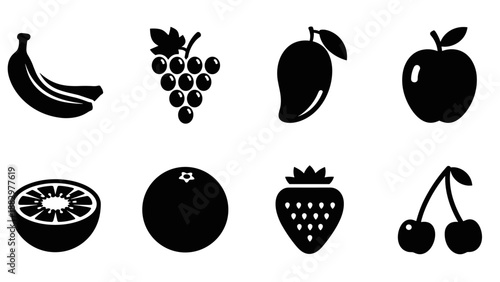 Silhouette fruit icons collection: banana, grapes, mango, and more