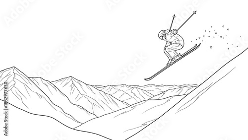 Dynamic ski jumper in mountainous landscape line art for winter sports enthusiasts