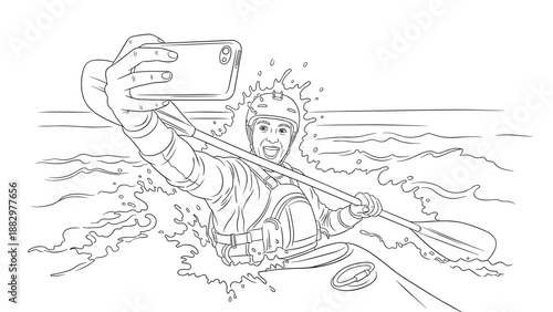 Adventurous kayaker taking selfie while paddling in dynamic outline