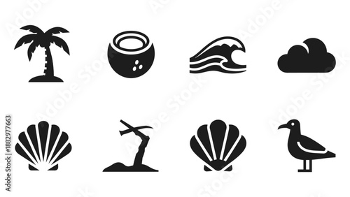 Tropical beach icons: palm, shells, waves, and seagull in silhouette design