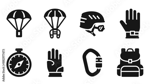 Paragliding and adventure gear icons set in black silhouette style