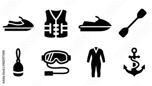 Water sports gear icons set: jet ski, life jacket, paddle, anchor, goggles, wetsuit, buoy