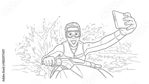 Exciting jet ski adventure selfie in dynamic outline art style