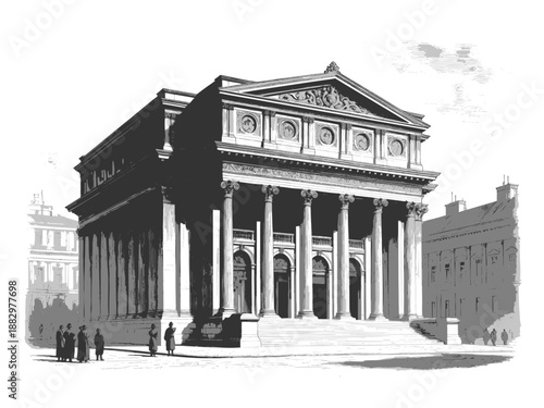 majestic neoclassical structure featuring large columns, ornate pediment, and surrounding figures sketch engraving generative ai fictional character vector illustration. Scratch board. Black and white