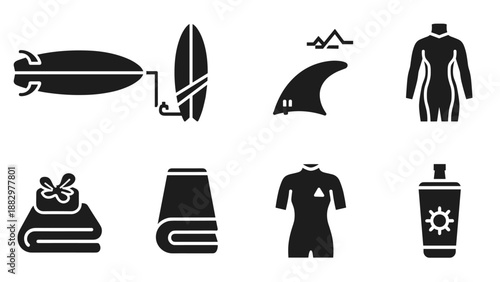 Surfing essentials icons with wetsuit, surfboards, and sunblock in monochrome style