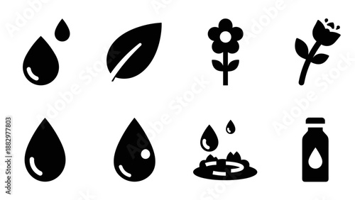 Minimalist nature icons: water drops, leaves, flowers, and bottle in silhouette style