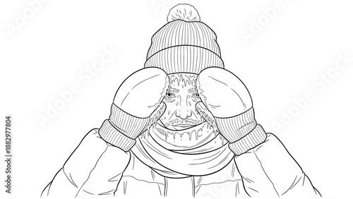 Winter essentials: illustrating a man in cold weather with mittens and beanie