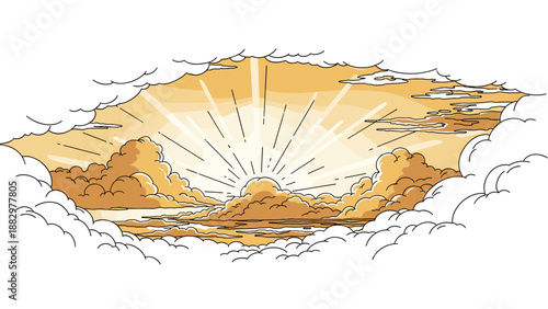 Sunrise over clouds with radiant sky in retro style