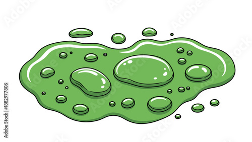 Glossy green slime puddle with bubbles on white background
