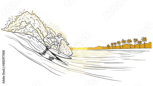 Surfer riding waves at sunset in minimalist palm beach scene