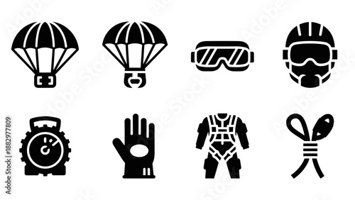 Adventure gear icons: bold silhouettes of parachutes, goggles, and helmets