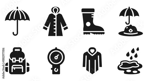 Stylish monochrome hiking gear and rain elements icons set