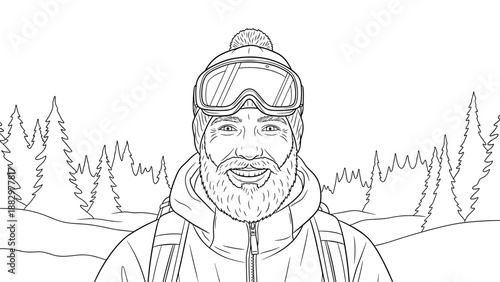 Winter adventure smile: happy bearded man in snowy forest with goggles and beanie