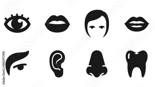 Minimalist black silhouette icons of human facial features and tooth