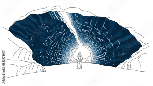 Hiker standing inside a stunning glacier ice cave opening captured in line art