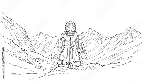 Mountain adventure with snowboarder in scenic landscape drawing