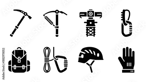 Essential mountaineering gear icons: safety and adventure equipment for climbing enthusiasts