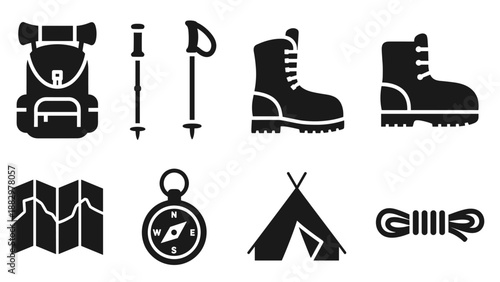 Silhouette icons of hiking gear: backpack, boots, tent, and more
