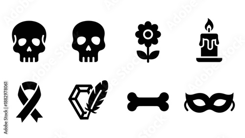 Halloween icon set: skulls, flowers, candles, and masks in black silhouette style