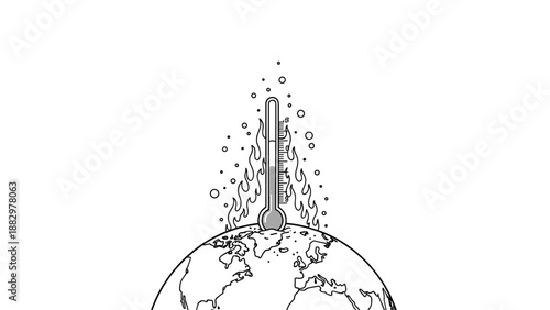Global warming impact: thermometer and burning earth in black and white line art
