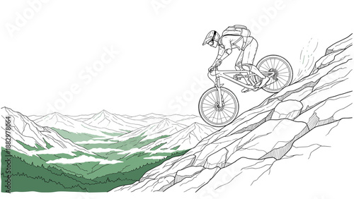 Mountain biker descending steep slope in outdoor adventure scene