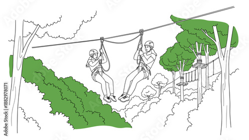 Outdoor adventure: linear zipline experience in forest canopy