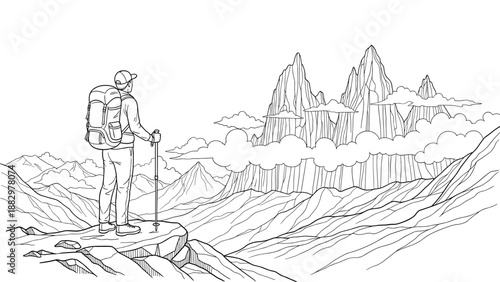 Explorer admiring mountain peaks in detailed linear line art with clouds and rugged terrain